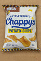 Packaging of Chappy's kettle-cooked potato chips on a textured surface