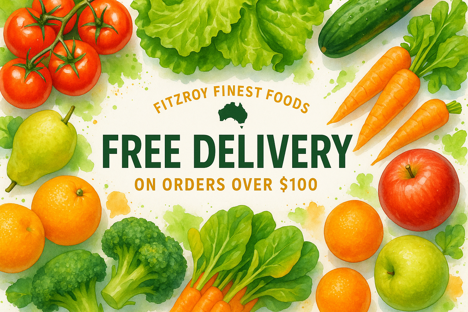 A promotional banner for Fitzroy Finest Foods showing free delivery on orders over $100, decorated with colorful fruits and vegetables
